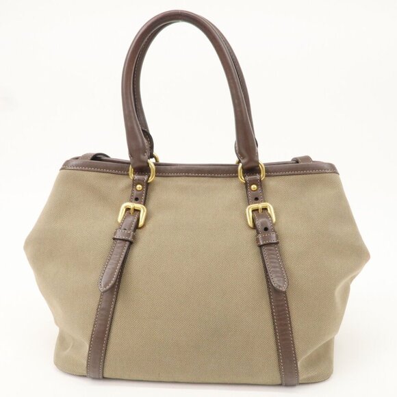 Authentic PRADA Logo Jacquard Leather 2Way Bag Hand Bag Beige - Picture 15 of 16